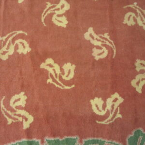 Close-up of a low pile coral rug patterned with pale yellow swirling floral motifs and a green border.