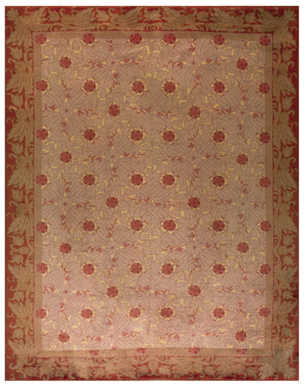 High pile rug with a red floral border surrounding a central field of mauve and gold botanical motifs.