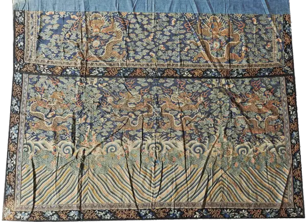 Antique early 19th century blue chinese cloud band dragon design silk textile by rugs on net