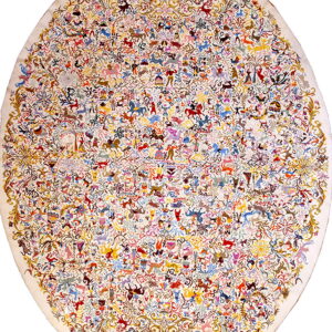 Oval off-white rug covered in a dense, detailed pattern of brightly colored people and animals.