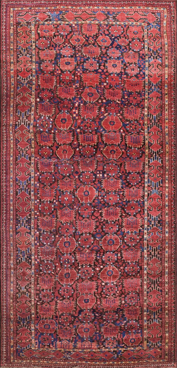 Highly detailed rug with a dense field of red and blue geometric medallions and wide borders.