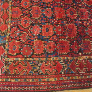 Angled view of a red, blue, and brown rug with stylized geometric motifs lying on light wood flooring.