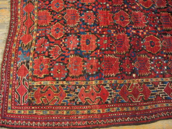 Angled view of a red, blue, and brown rug with stylized geometric motifs lying on light wood flooring.