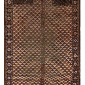 A dark brown and terracotta flatweave rug with repeating geometric triangle motifs and a blue accent border.