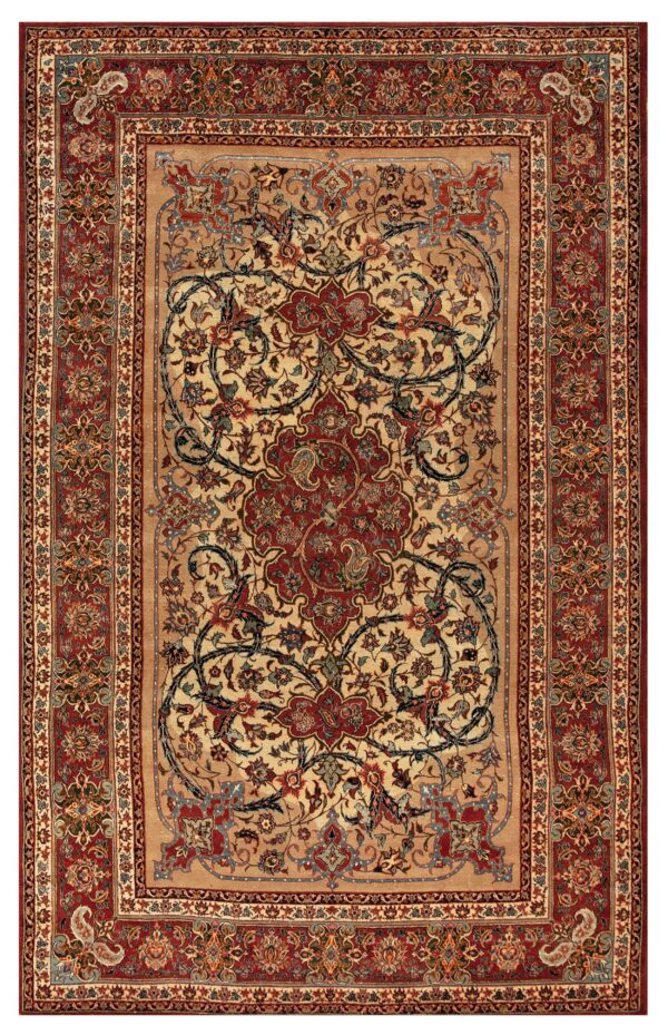 Detailed traditional rug with a cream field, red border, and dark floral and vine motifs.