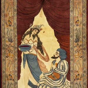 Cream and maroon rug featuring two figures in blue and striped robes, surrounded by an ornate animal and plant border.