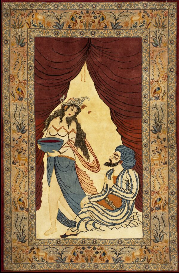 Cream and maroon rug featuring two figures in blue and striped robes, surrounded by an ornate animal and plant border.