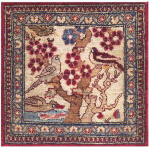 A trio of small rugs featuring floral and bird designs with alternating red and cream background fields.