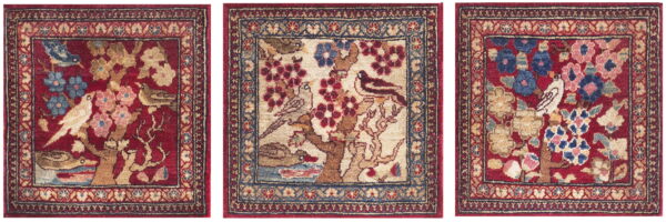 A trio of small rugs featuring floral and bird designs with alternating red and cream background fields.
