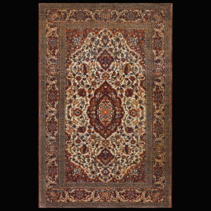 Intricately patterned rug with a central ogival medallion and dense florals in ivory, rust, and blue.