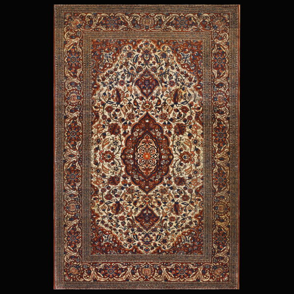 Intricately patterned rug with a central ogival medallion and dense florals in ivory, rust, and blue.