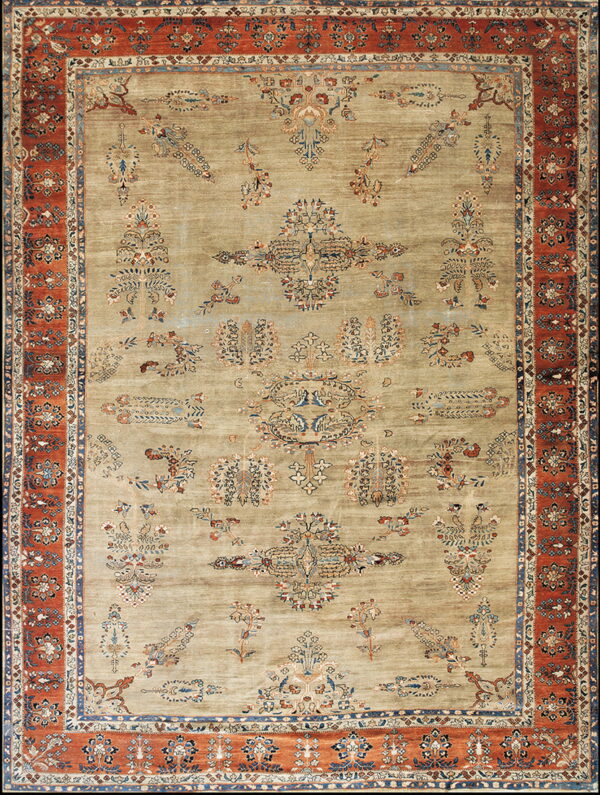 Traditional short-pile rug with a pale sage field and bold, ornate borders in rust orange and navy blue.