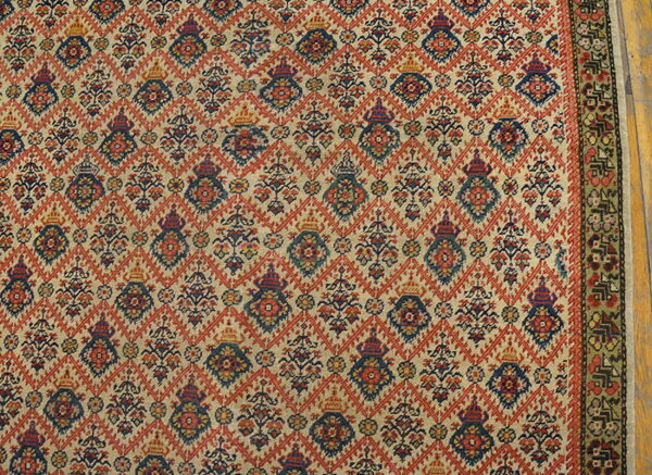 Beige rug featuring an all-over red lattice pattern and repeating navy and red floral designs on wood flooring.