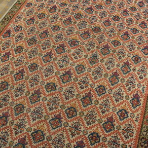 Traditional beige rug with an all-over geometric red and navy pattern, bordered in green, lying on wood planks.