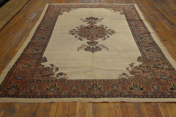 Beige traditional rug featuring a large central medallion and intricate coral borders rests on wood plank flooring.