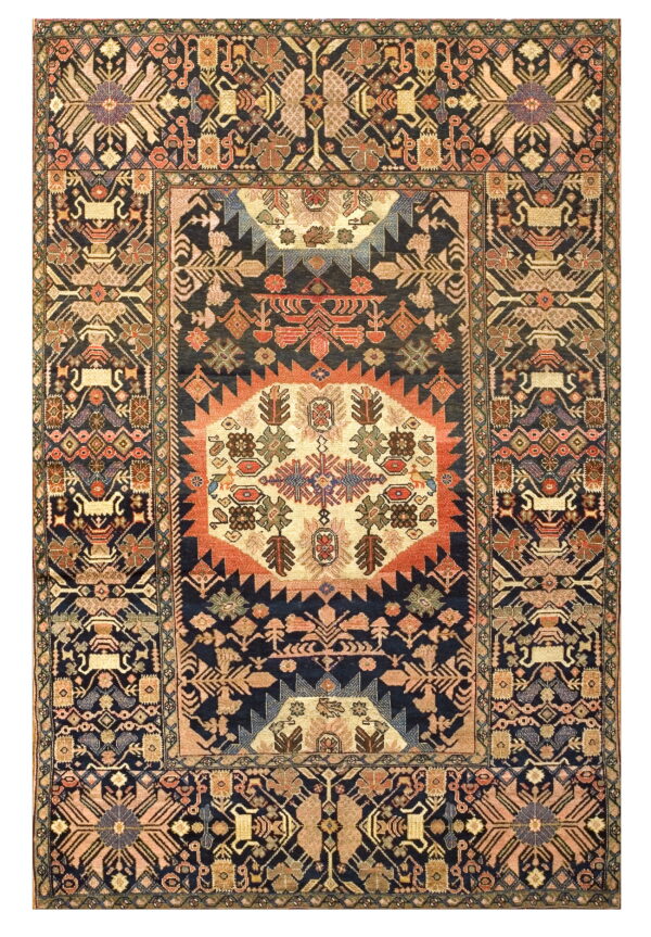 Dark blue rug with a dense geometric pattern in ivory, rust, gold, and muted earthy tones.
