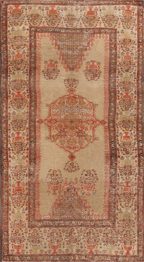 Low-pile runner rug in faded tan and rust, featuring a stylized central medallion and multiple ornate borders.
