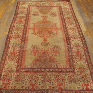 Detailed beige and reddish traditional rug runner with low pile placed on light brown wood flooring.