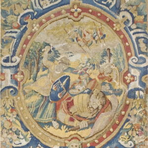 Low-pile tapestry in muted gold, blue, and red with a central medallion depicting figures and surrounding floral scrollwork.