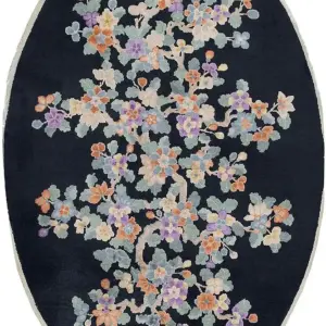Antique Floral Pattern Oval Shape Small Black Chinese Art Deco Rug by Rugs On net