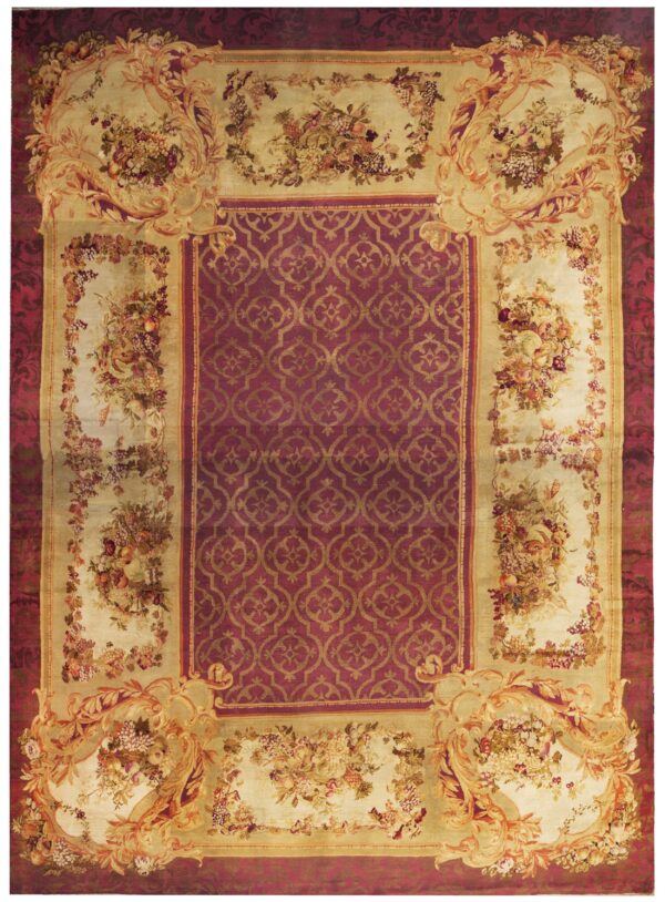 Traditional rug with a burgundy medallion center, framed by elaborate cream and gold floral scrollwork borders.
