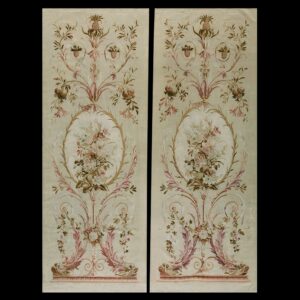 Pair of vertical pale cream rug panels featuring elaborate pink and brown symmetrical floral and botanical designs.