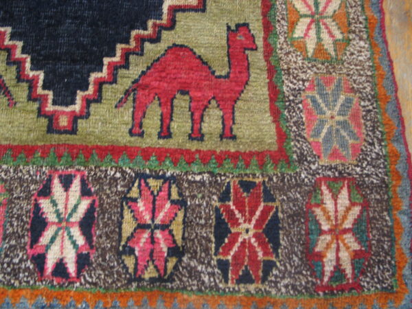 Geometric rug detail featuring a red camel on olive green and colorful medallions on a mottled brown ground.