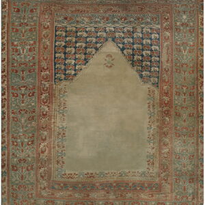 Distressed low-pile rug featuring a plain beige niche framed by ornate blue, teal, and rust borders.