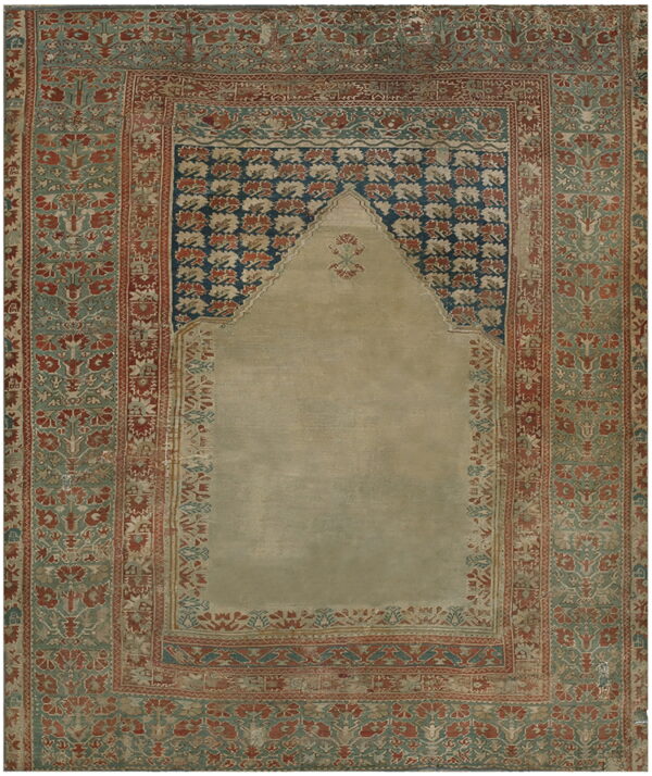 Distressed low-pile rug featuring a plain beige niche framed by ornate blue, teal, and rust borders.