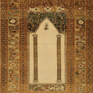 Rug featuring a cream niche and wide borders with stylized medallions in rust, teal, and gold.