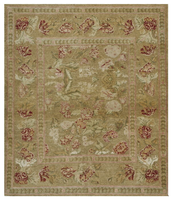 Traditional low-pile rug featuring red, pink, and cream florals on a distressed olive green field.