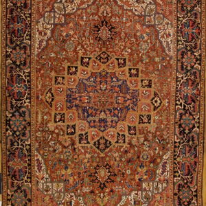Traditional low-pile rug in terracotta red featuring an intricate stepped medallion and dense floral-geometric patterns.
