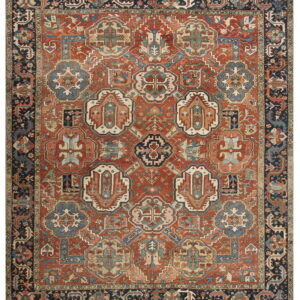 Traditional rug featuring a brick red field with blue and beige geometric medallions and a complex dark navy border.