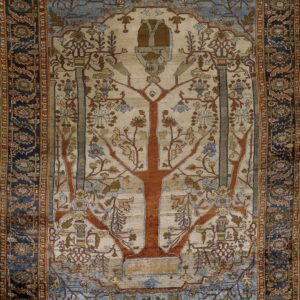 Rust red Tree of Life pattern on a beige field with pale blue accents and a navy blue border.