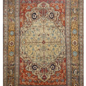 Traditional rust and beige rug with an intricate central medallion and detailed gold floral borders.
