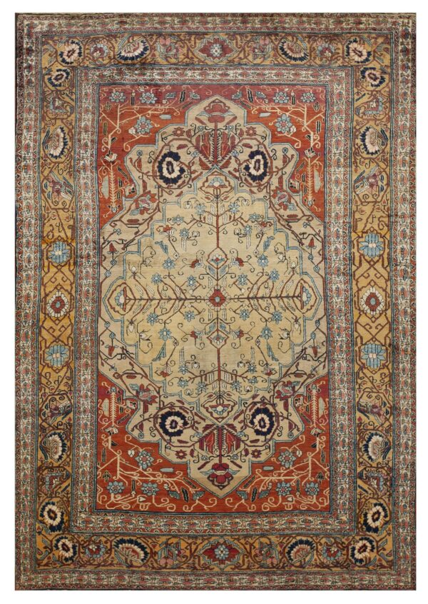 Traditional rust and beige rug with an intricate central medallion and detailed gold floral borders.