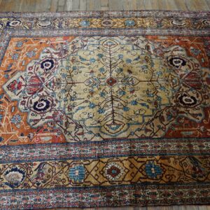 Beige medallion rug with terracotta and blue floral designs lying on rustic hardwood floor.