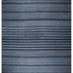 Blue rug featuring woven horizontal stripes in alternating dark and dusty blue hues.