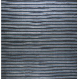 Flatweave rug with alternating dark blue and light gray horizontal stripes defined by thin reddish accent lines.