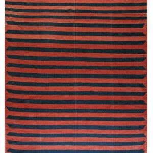 Flatwoven rug with alternating wide horizontal stripes in terracotta and dark blue.