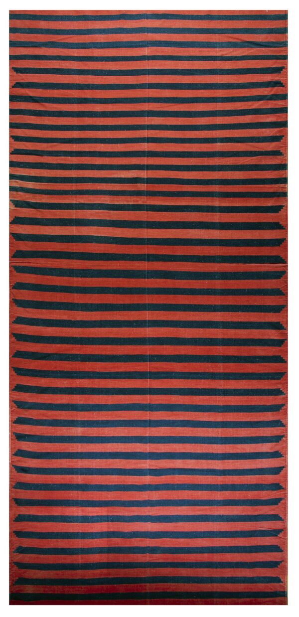 Flatwoven rug with alternating wide horizontal stripes in terracotta and dark blue.