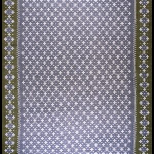 Low-pile rug with repeating white and gray geometric stars and a wide olive green border.