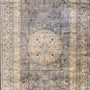 Distressed blue and cream traditional rug featuring a detailed central medallion and floral arch motifs.
