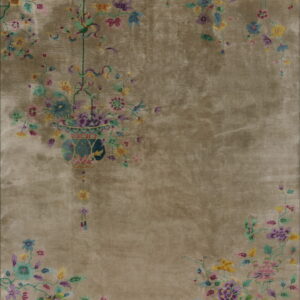 Lustrous beige rug with colorful vines, blue, purple, and green flowers, and a central hanging vase motif.