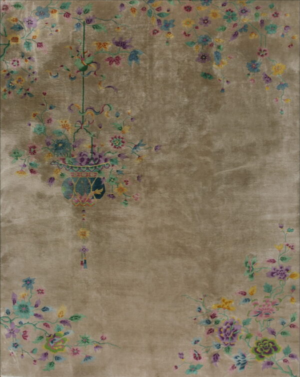 Lustrous beige rug with colorful vines, blue, purple, and green flowers, and a central hanging vase motif.
