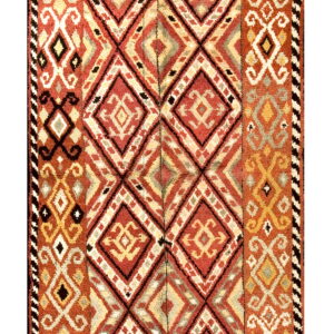 Textured runner rug featuring large red-orange diamonds and geometric borders in cream, yellow, and black.