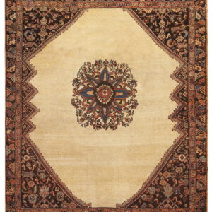Square rug featuring a beige field surrounded by dark brown spandrels and a multi-colored central medallion.