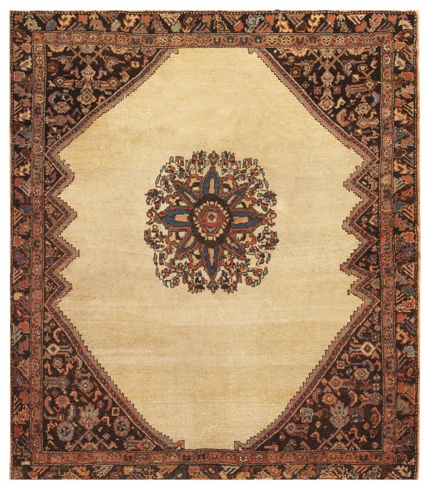 Square rug featuring a beige field surrounded by dark brown spandrels and a multi-colored central medallion.