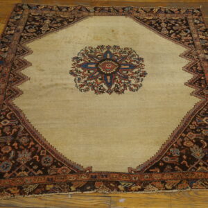 Low-pile rug with a beige field, central medallion, and dark patterned border sits on wood flooring.