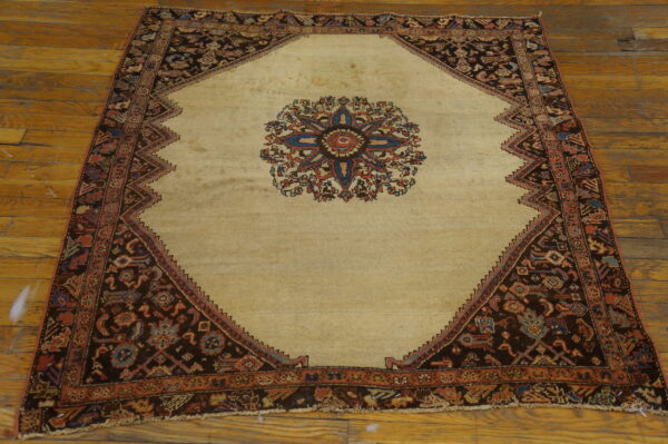 Low-pile rug with a beige field, central medallion, and dark patterned border sits on wood flooring.